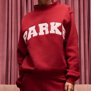 Parke Red Mock Neck Sweatshirt White Varsity Logo Heart Sleeve Cozy Pullover